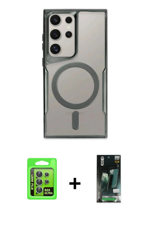 Galaxy S23 Ultra Kılıf Yadigar Klasik Özel Seri - Şeffaf 360 Full Body Arka Koruyucu + Yeşil Ra