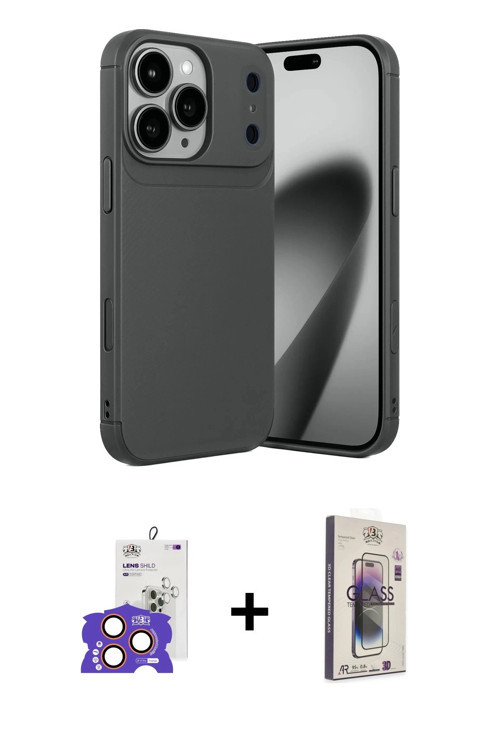 iPhone 17 Pro Max Kılıf Eksen Form Prime - Siyah Bilvis 3D Cam Ekran Koruyucu + Turuncu Bilvis