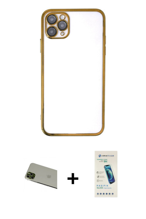 iPhone 11 Pro Max Kılıf Vadi Minimal - Şeffaf Pasifik Cam Ekran Koruyucu + Yeşil Rainbow Kamera