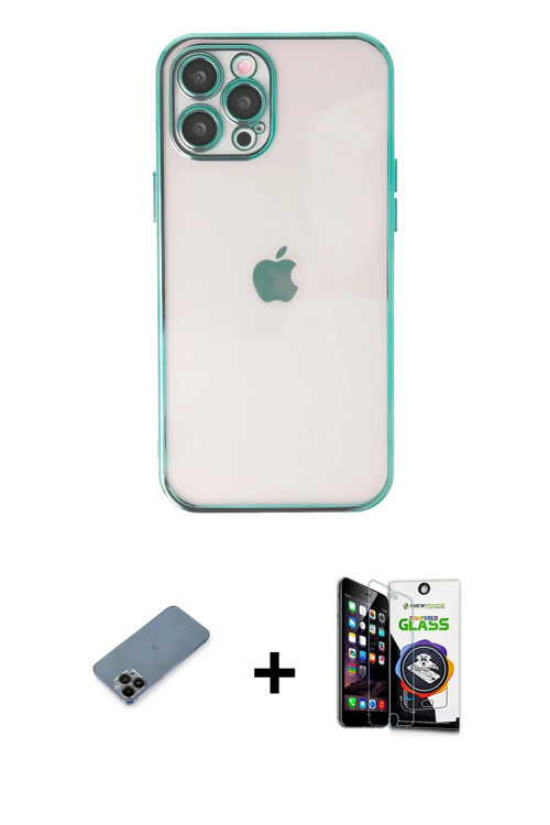iPhone 12 Pro Max Kılıf Vadi Minimal - Şeffaf Temperli Cam Ekran Koruyucu + Siyah Shine Kamera