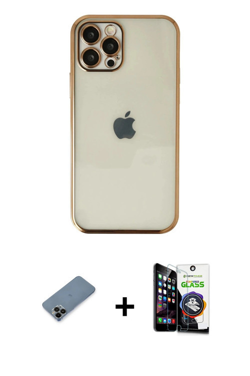 iPhone 12 Pro Max Kılıf Vadi Minimal - Şeffaf Temperli Cam Ekran Koruyucu + Siyah Shine Kamera