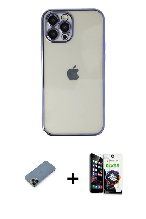 iPhone 12 Pro Max Kılıf Vadi Minimal - Şeffaf Temperli Cam Ekran Koruyucu + Siyah Shine Kamera