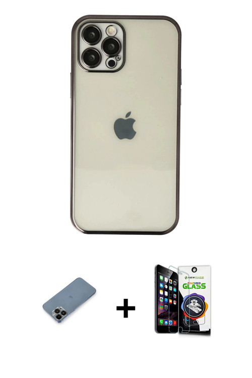 iPhone 12 Pro Max Kılıf Vadi Minimal - Şeffaf Temperli Cam Ekran Koruyucu + Siyah Shine Kamera