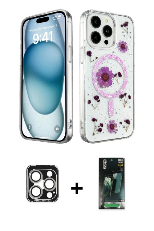 iPhone 15 Pro Max Kılıf Kozmos Doku - Siyah 360 Mat Full Body Arka Koruyucu + Gümüş PVD Metal K