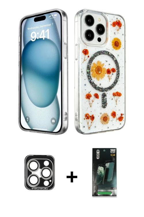 iPhone 15 Pro Max Kılıf Kozmos Doku - Siyah 360 Mat Full Body Arka Koruyucu + Gümüş PVD Metal K