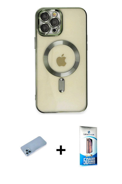 iPhone 12 Pro Max Kılıf Nova Işık Özel Seri - Siyah 5D Eko Cam Ekran Koruyucu + Mavi Shine Kame