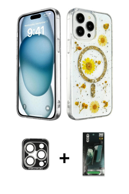 iPhone 15 Pro Max Kılıf Kozmos Doku - Siyah 360 Mat Full Body Arka Koruyucu + Gümüş PVD Metal K