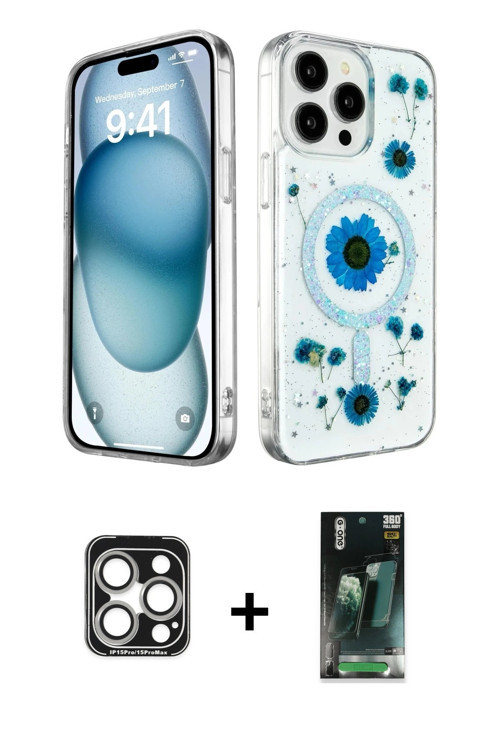 iPhone 15 Pro Max Kılıf Kozmos Doku - Siyah 360 Mat Full Body Arka Koruyucu + Gümüş PVD Metal K