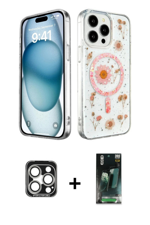 iPhone 15 Pro Max Kılıf Kozmos Doku - Siyah 360 Mat Full Body Arka Koruyucu + Gümüş PVD Metal K