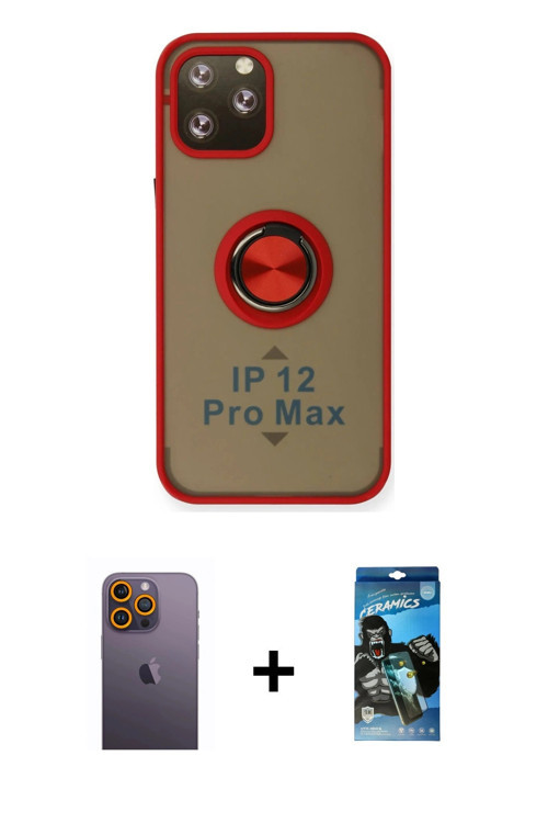 iPhone 12 Pro Max Kılıf Yörünge Çizgi - Siyah 34D Izgaralı Cam + Sarı Neon Fosforlu Kamera Lens