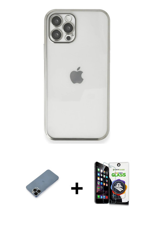 iPhone 12 Pro Max Kılıf Vadi Minimal - Şeffaf Temperli Cam Ekran Koruyucu + Siyah Shine Kamera