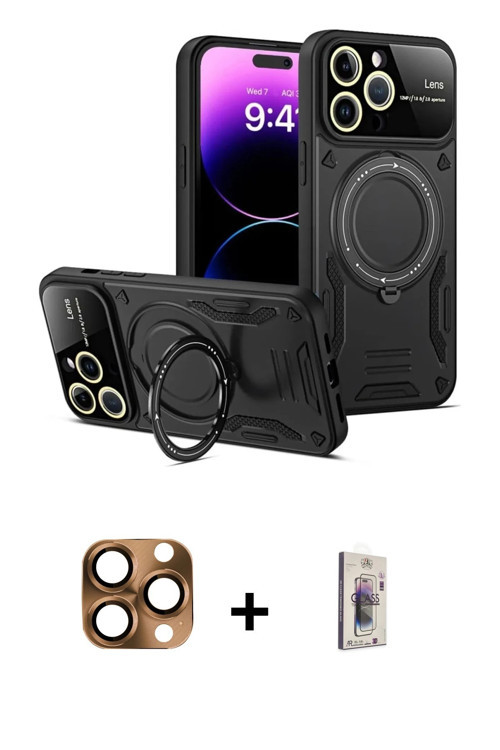 iPhone 16 Pro Max Kılıf Kıvılcım Modern Serisi - Siyah Bilvis 3D Cam Ekran Koruyucu + Çöl Titan