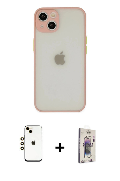 iPhone 14 Kılıf Ahenk Çizgi Serisi - Siyah Bilvis 3D Cam Ekran Koruyucu + Gold Shine Kamera Len