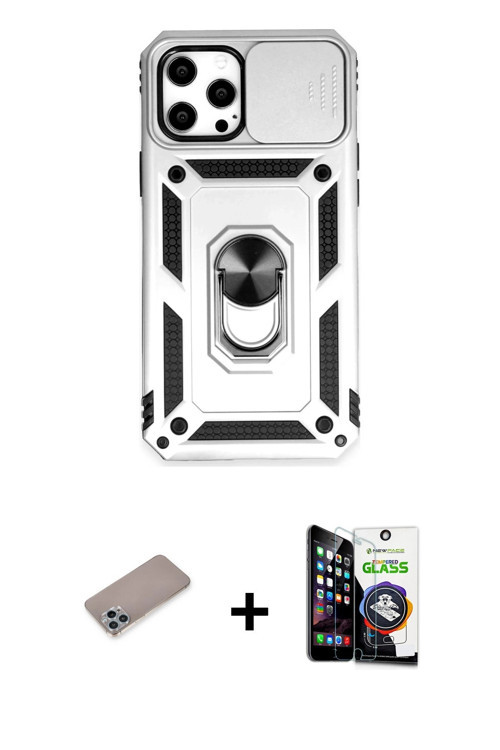 iPhone 12 Pro Max Kılıf Ahenk Klasik - Şeffaf Temperli Cam Ekran Koruyucu + Sierra Blue Shine K