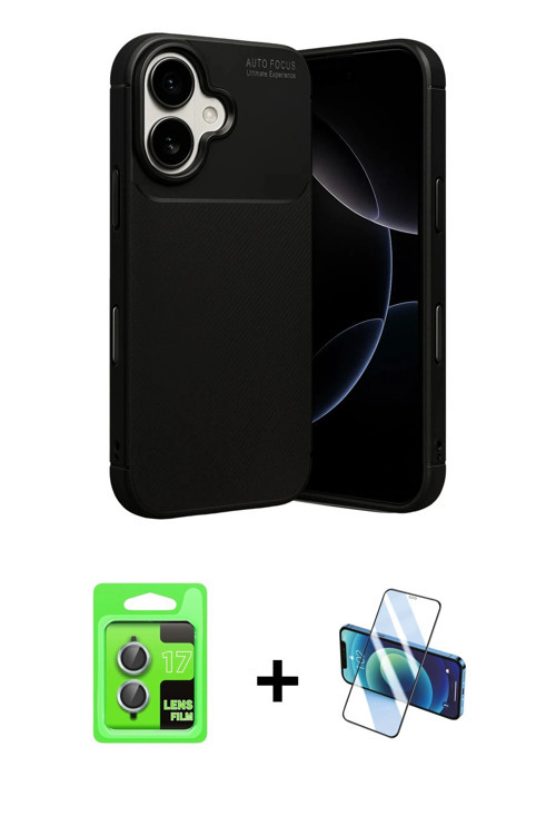 iPhone 17 Kılıf Eksen Form Prime - Siyah 3D Antistatik Cam Ekran Koruyucu + Açık Mavi Raze Meta