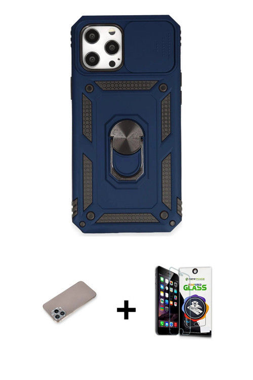 iPhone 12 Pro Max Kılıf Ahenk Klasik - Şeffaf Temperli Cam Ekran Koruyucu + Sierra Blue Shine K