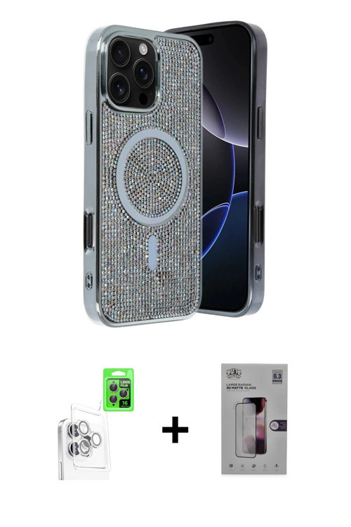 iPhone 16 Pro Max Kılıf Eksen Çizgi - Siyah Bilvis 3D Mat Cam Ekran Koruyucu + Beyaz Raze Metal