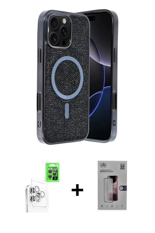 iPhone 16 Pro Max Kılıf Eksen Çizgi - Siyah Bilvis 3D Mat Cam Ekran Koruyucu + Beyaz Raze Metal