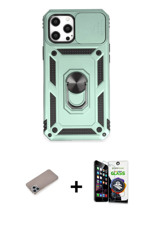iPhone 12 Pro Max Kılıf Ahenk Klasik - Şeffaf Temperli Cam Ekran Koruyucu + Sierra Blue Shine K