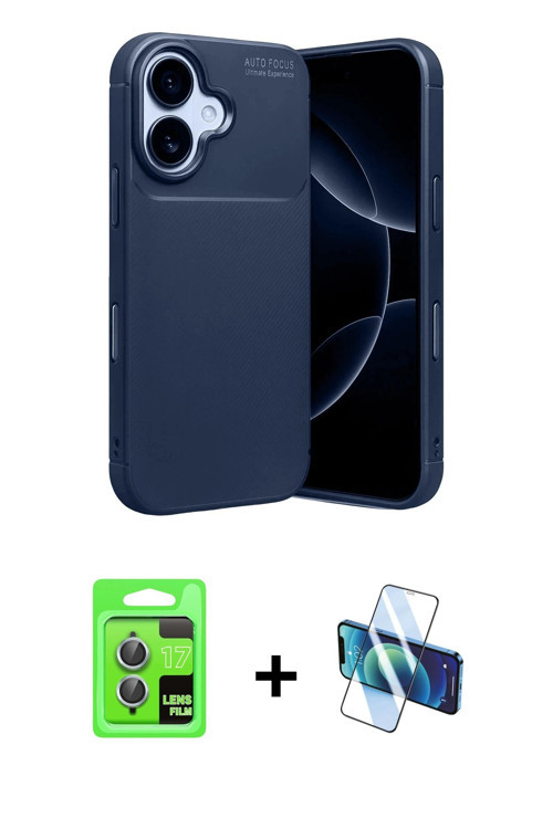 iPhone 17 Kılıf Eksen Form Prime - Siyah 3D Antistatik Cam Ekran Koruyucu + Açık Mavi Raze Meta