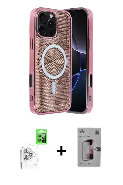 iPhone 16 Pro Max Kılıf Eksen Çizgi - Siyah Bilvis 3D Mat Cam Ekran Koruyucu + Beyaz Raze Metal