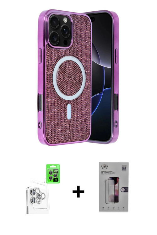 iPhone 16 Pro Max Kılıf Eksen Çizgi - Siyah Bilvis 3D Mat Cam Ekran Koruyucu + Beyaz Raze Metal