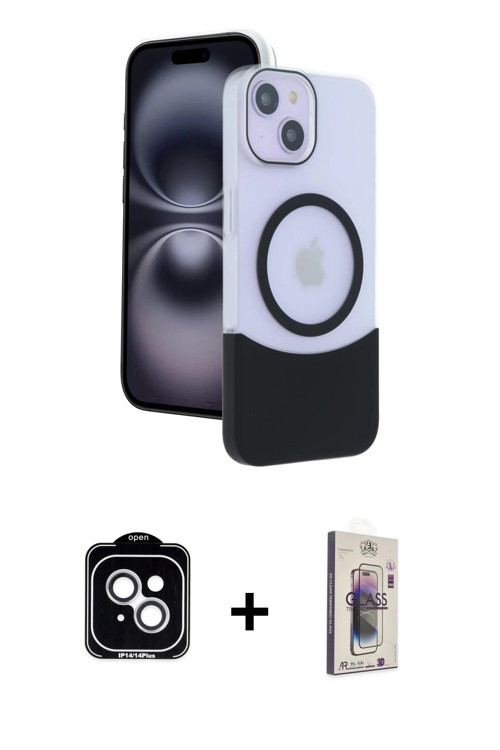 iPhone 14 Kılıf Kozmos Form Özel Seri - Siyah Bilvis 3D Cam Ekran Koruyucu + Gümüş PVD Metal Ka