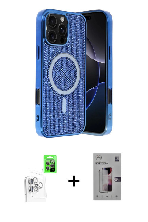 iPhone 16 Pro Max Kılıf Eksen Çizgi - Siyah Bilvis 3D Mat Cam Ekran Koruyucu + Beyaz Raze Metal