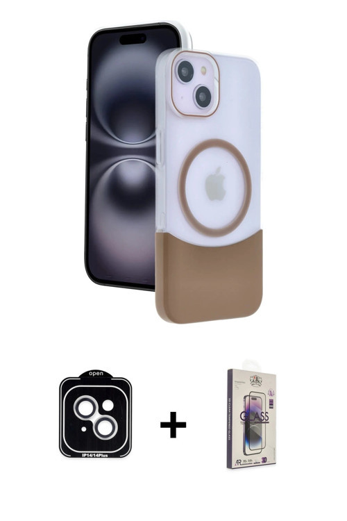 iPhone 14 Kılıf Kozmos Form Özel Seri - Siyah Bilvis 3D Cam Ekran Koruyucu + Gümüş PVD Metal Ka