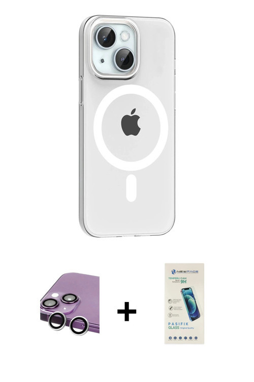 iPhone 14 Kılıf Pusula Form Özel Seri - Şeffaf Pasifik Cam Ekran Koruyucu + Gümüş Raze Metal Ka