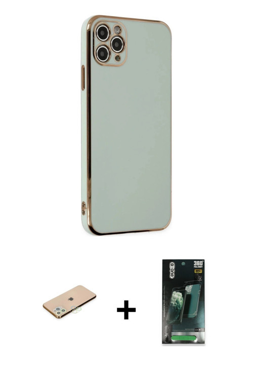 iPhone 11 Pro Max Kılıf Yankı Serisi - Şeffaf 360 Full Body Arka Koruyucu + Yeşil Renkli Kamera