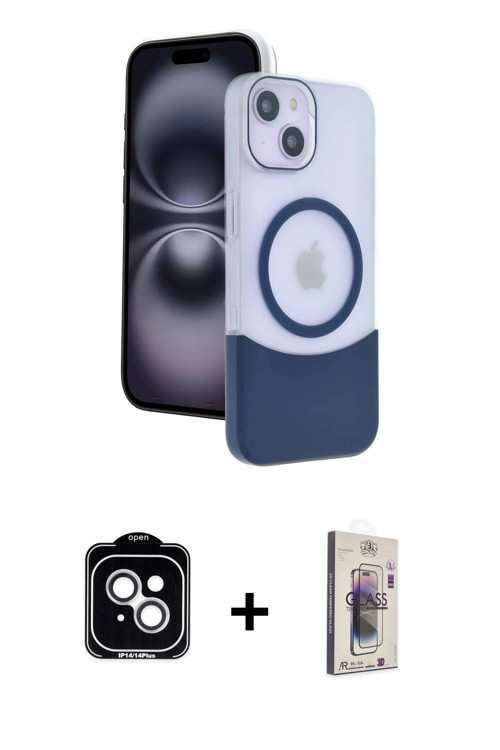 iPhone 14 Kılıf Kozmos Form Özel Seri - Siyah Bilvis 3D Cam Ekran Koruyucu + Gümüş PVD Metal Ka