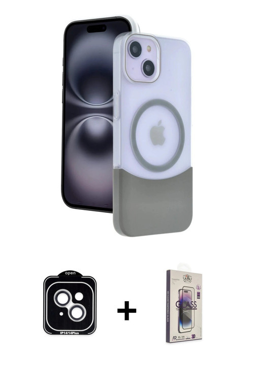 iPhone 14 Kılıf Kozmos Form Özel Seri - Siyah Bilvis 3D Cam Ekran Koruyucu + Gümüş PVD Metal Ka