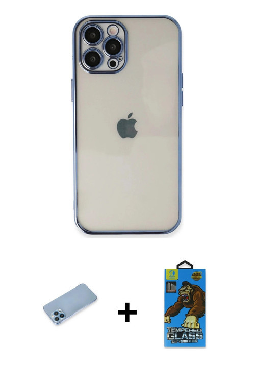 ieg™ iPhone 12 Pro Max Kılıf Vadi Minimal - Siyah 18D Cam Ekran Koruyucu + Mavi Shine Kamera Lens Ko