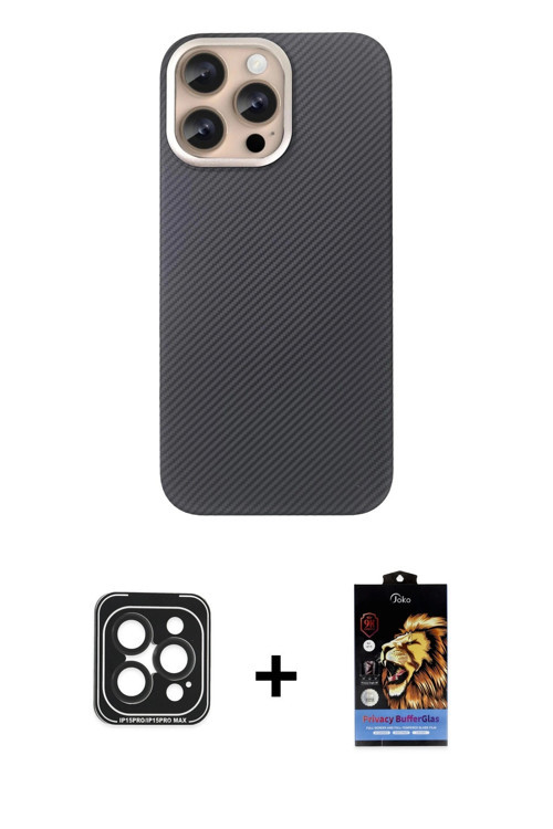 ieg™ iPhone 15 Pro Max Kılıf Eksen Prime - Siyah Buffer Hayalet Cam Ekran Koruyucu + Siyah PVD Metal