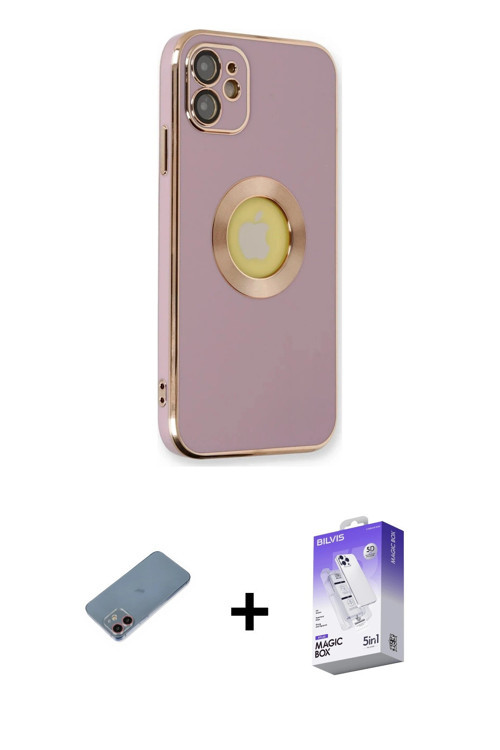 iPhone 12 Kılıf İz Form Serisi - Siyah Bilvis 5in1 3D Magic Cam Ekran Koruyucu + Pembe Shine Ka