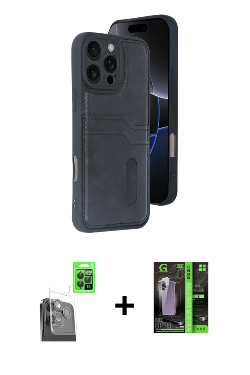 iPhone 16 Pro Kılıf Yörünge Işık Serisi - Şeffaf 360 Full Body Arka Koruyucu + Siyah Raze Metal