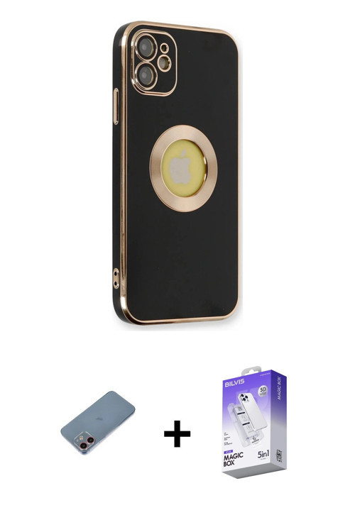 iPhone 12 Kılıf İz Form Serisi - Siyah Bilvis 5in1 3D Magic Cam Ekran Koruyucu + Pembe Shine Ka