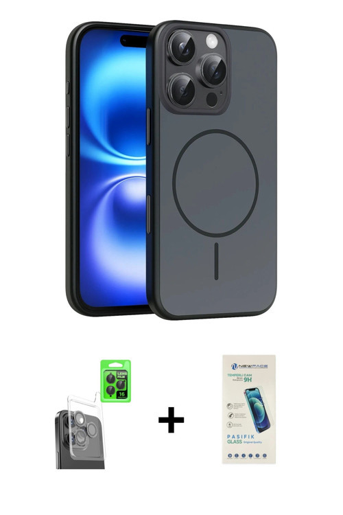 iPhone 16 Pro Max Kılıf Atlas Asil Prime - Şeffaf Pasifik Cam Ekran Koruyucu + Siyah Raze Metal