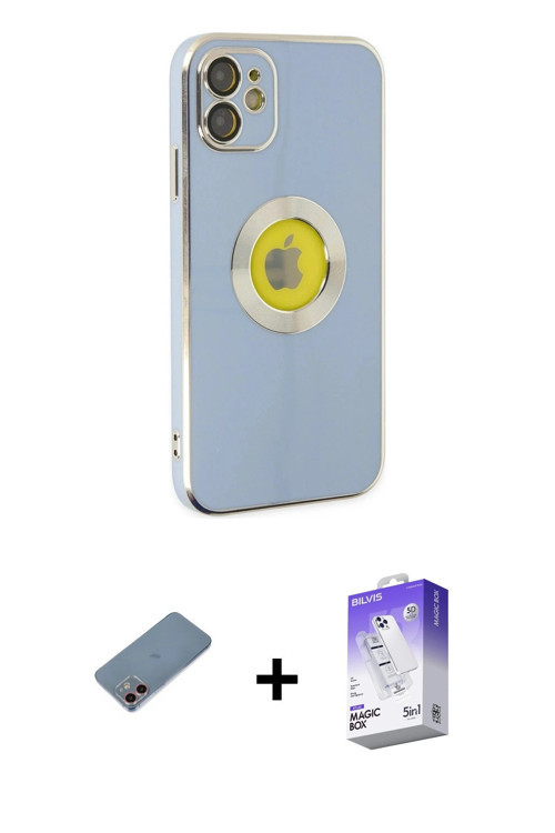iPhone 12 Kılıf İz Form Serisi - Siyah Bilvis 5in1 3D Magic Cam Ekran Koruyucu + Pembe Shine Ka