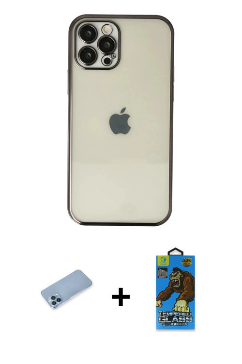 iPhone 12 Pro Max Kılıf Vadi Minimal - Siyah 18D Cam Ekran Koruyucu + Mavi Shine Kamera Lens Ko