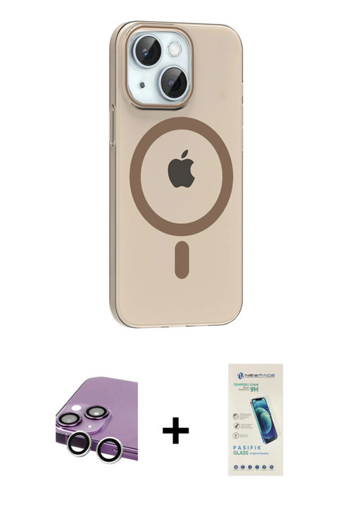 iPhone 14 Kılıf Pusula Form Özel Seri - Şeffaf Pasifik Cam Ekran Koruyucu + Gümüş Raze Metal Ka