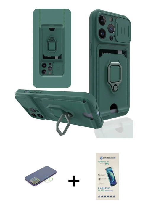iPhone 13 Pro Max Kılıf Vadi Form Prime - Şeffaf Pasifik Cam Ekran Koruyucu + Yeşil Renkli Kame