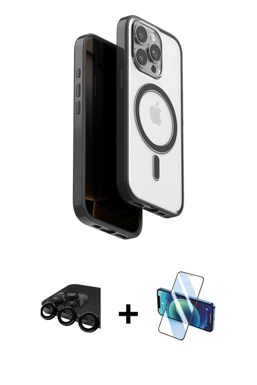 iPhone 15 Pro Max Kılıf Pusula Form Serisi - Siyah 3D Antistatik Cam Ekran Koruyucu + Siyah Raz