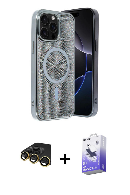 iPhone 14 Pro Max Kılıf Eksen Çizgi - Siyah Bilvis 5in1 5D Magic Hayalet Cam Ekran Koruyucu + G