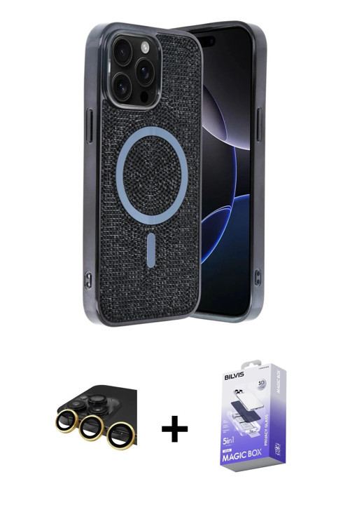 iPhone 14 Pro Max Kılıf Eksen Çizgi - Siyah Bilvis 5in1 5D Magic Hayalet Cam Ekran Koruyucu + G