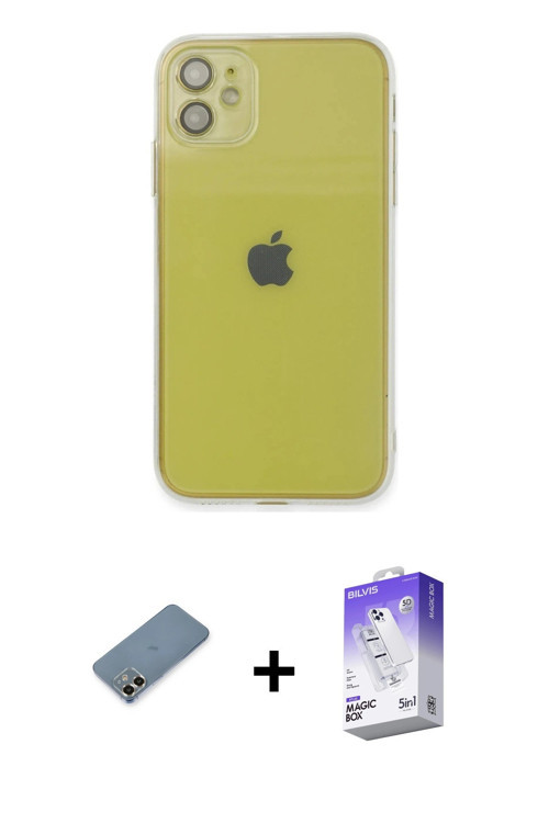 ieg™ iPhone 12 Kılıf Ahenk Doku - Siyah Bilvis 5in1 3D Magic Cam Ekran Koruyucu + Gold Metal Kamera