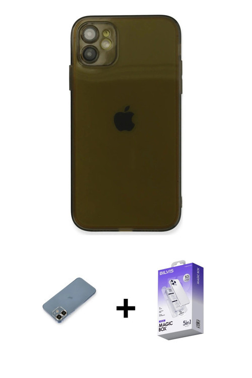ieg™ iPhone 12 Kılıf Ahenk Doku - Siyah Bilvis 5in1 3D Magic Cam Ekran Koruyucu + Gold Metal Kamera