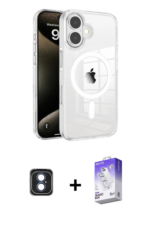 iPhone 16 Kılıf Doruk Doku Özel Seri - Siyah Bilvis 5in1 3D Magic Cam Ekran Koruyucu + Mavi PVD