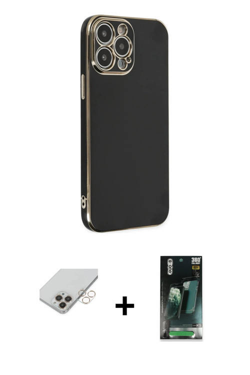 iPhone 14 Pro Max Kılıf Yankı Serisi - Şeffaf 360 Full Body Arka Koruyucu + Gold Band Metal Kam